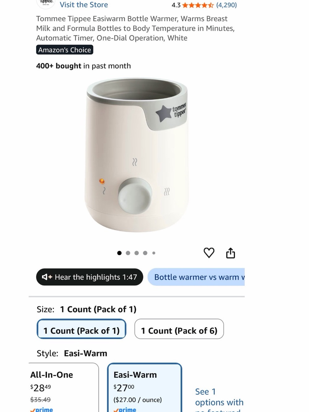 Tommee Tippee Easiwarm Bottle & Food Warmer in Cream and Gray